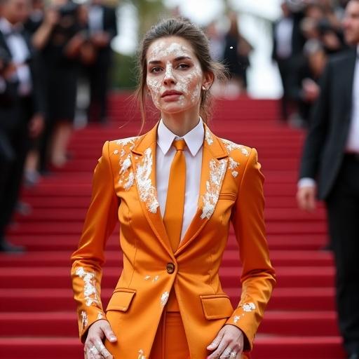 Woman interviews on the red carpet at Cannes Film Festival. She wears a shiny orange suit with a white shirt and tie. Her face and hands are covered in custard pie. The scene shows her surprise while onlookers laugh. The red carpet and steps are in the background.