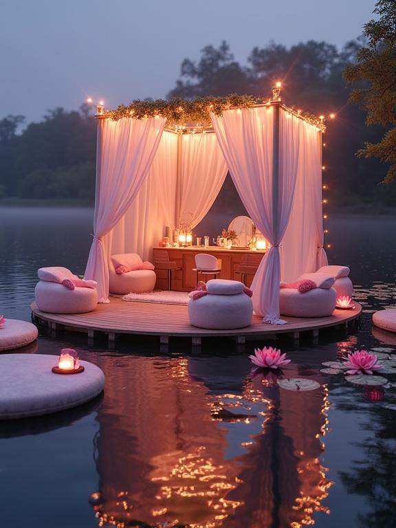 Dreamy floating makeup studio on tranquil lake at twilight. Open-air structure with soft draped fabrics. Illuminated by warm fairy lights and oversized makeup items. Cozy round sofas on wooden rafts invite relaxation. Nearby water lilies drift in peace. Scene captured in cinematic dolly shot. Ambient magical music lingers in air. Color palette includes dusky purples, soft pinks, and golden highlights.