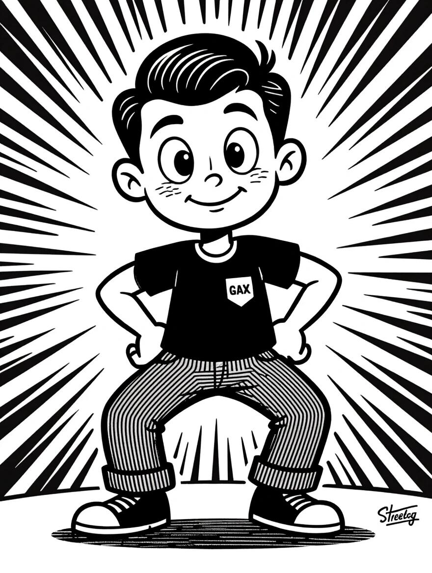 Character in vintage rubber hose animation style. Hand-drawn cartoon with thick outlines. Expressive pie-cut eyes. Entirely black and white. Strong contrast. Flat shading. Confident young adult. Dynamic pose. Playful expression. Simple streetwear with 'StreetGax' logo. White background. Clean lines.