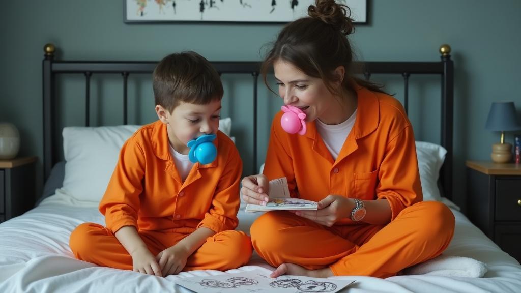 Mother and son sit on bed. They wear orange jail jumpsuits. Mother and son have oversized pacifiers. The son shows the mother a drawing. The mother explains behavior rules. Both are happy and playful.