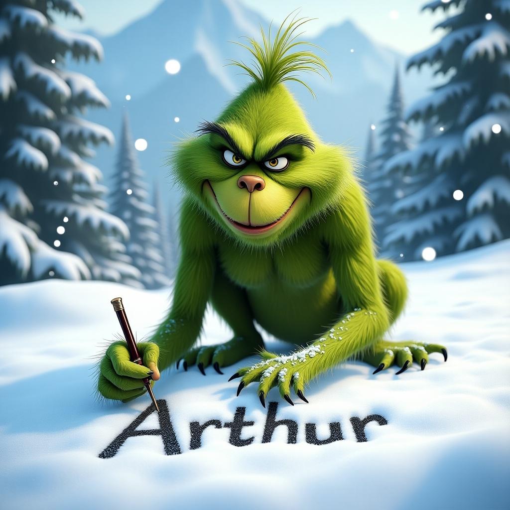 Grinch character writing the name Arthur in the snow. Bright snowy landscape. Grinch design is vibrant and festive. Wintery scene with snow in the background.