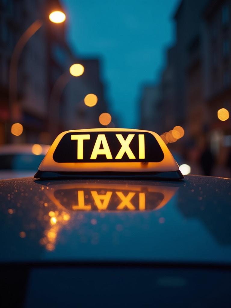 Close-up view of a taxi sign on the roof of a taxi. Blurry city background with glowing lights. Nighttime setting with a soft glow from the taxi sign.