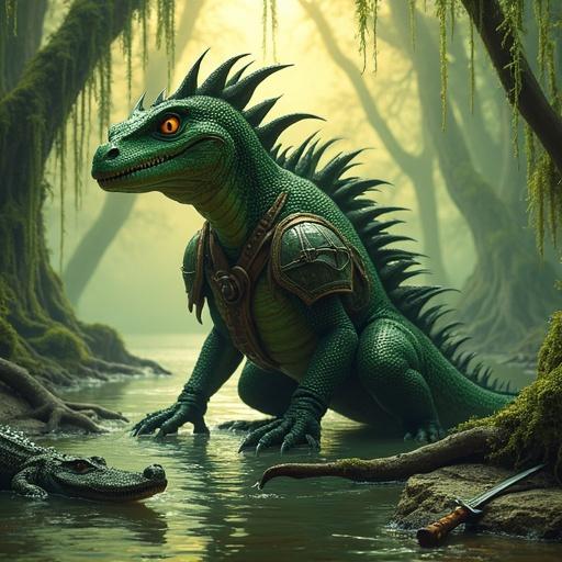 A big lizard-like creature called a Sauroid Draconis kneeling in swamp water surrounded by cypress tree roots. It has green and black scales, sharp spine on its back, and wears bone trophies and leather pouches. The sun is rising with a soft green and yellow glow.