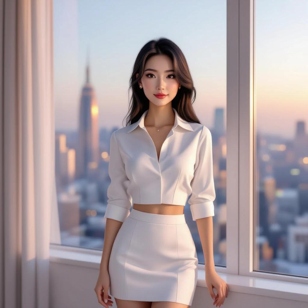 3D Pixar inspired modern minimalist office scene with soft evening light. Beautiful sunset visible outside the window. A 25-year-old Chinese woman named Linlin with a balanced figure, fair skin, black long straight hair with bangs. She is wearing a light beige fitted shirt dress with a button-down design and a delicate V-neck collar, which is slightly open. Leaning against the window, one hand holding a phone naturally down, her cheeks blushing, sparkling eyes looking outside while displaying a shy sweet smile. Close-up focus on her expression.
