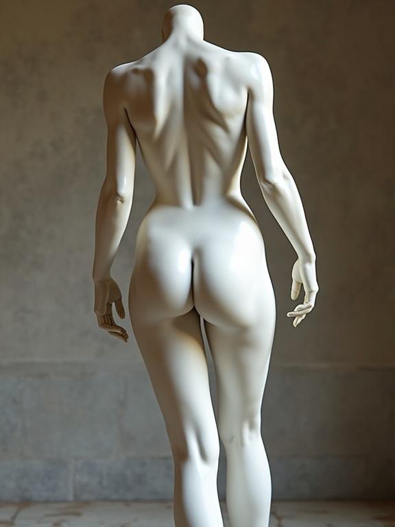 Back view of a white mannequin revealing muscle definition. Smooth contours and elegant posture. Natural light enhances form. Suitable for fashion or art.