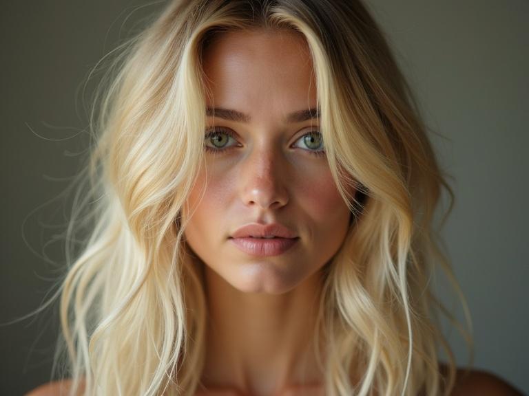 A blonde woman with flowing hair poses for a close-up portrait. Natural light highlights her facial features.