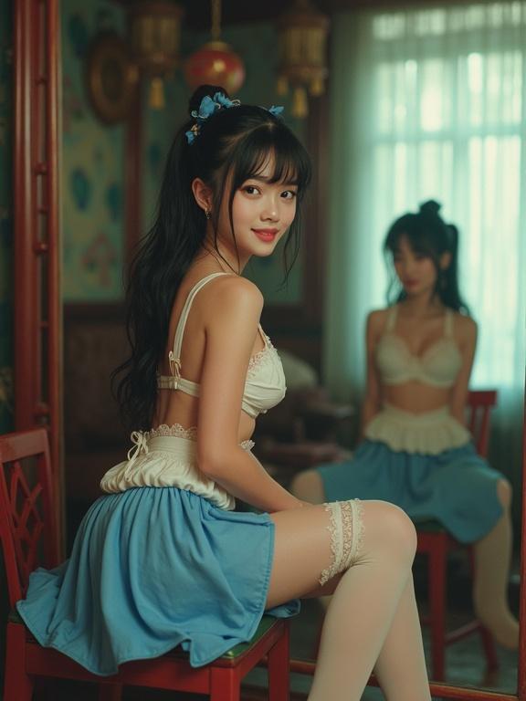 Portrait of petite Asian woman inspired by Alice in Wonderland. She wears blue skirt and light pink bra. The setting features a well-lit feudal China room with a mirror. Composition captures a nostalgic feel with analog photo effects. Subject smiles in a soft pose. Her glossy blue eyes add charm. Photograph showcases a vintage style.