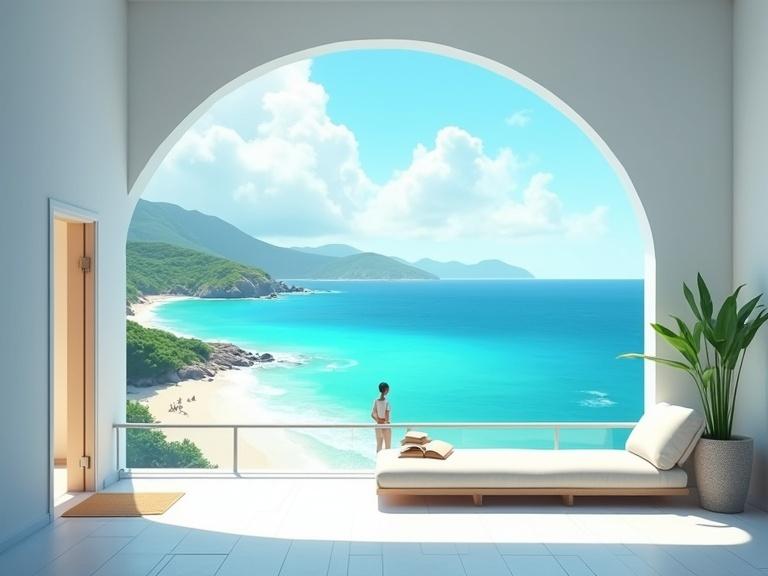 Create a painting of a modern interior with an arched doorway and a long bench, overlooking a stunning coastal landscape with a sandy beach and turquoise water. Include a lone figure on a balcony gazing at the ocean. Use cool tones like blue and white and focus on geometric shapes and clean lines. The lighting should be bright and diffused, enhancing the sense of tranquility.
