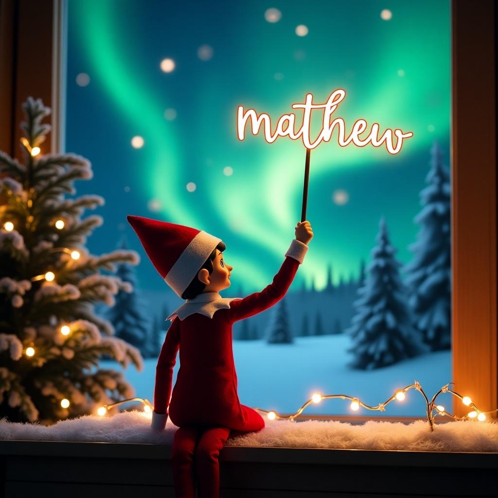 An enchanting Christmas scene features an elf on the shelf who faces the sky with his back to the viewer. This elf is dressed in red and white. He holds a magic wand, writing 'matthew' in glowing script above him. Another name 'sofia' appears in a similar style nearby. The backdrop showcases vibrant northern lights, enhancing the magical ambiance. The entire scene captures the festive spirit of Christmas, with lights and decorations adding a whimsical touch. The positioning of the elf and his enchanting action create excitement, embodying the joy of the holiday season.