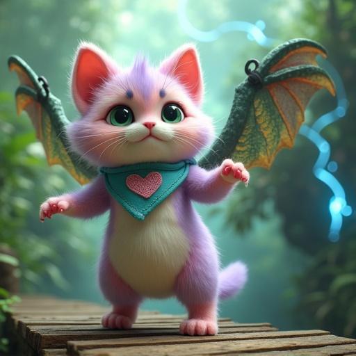 A fluffy anthropomorphic kitten with pastel fur and large green eyes stands on a wooden bridge. The kitten has wings and wears a blue bandana. A massive flying serpent hovers nearby, surrounded by jungle fog and beams of light.