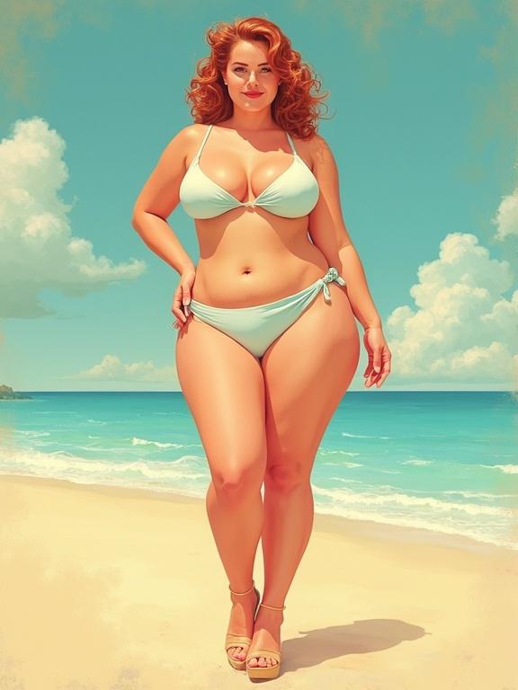 Pinup model in a bikini standing on a beach. Woman has curvy figure. She wears pastel colored bikini with wedges. Bright and sunny background with blue sky and ocean.