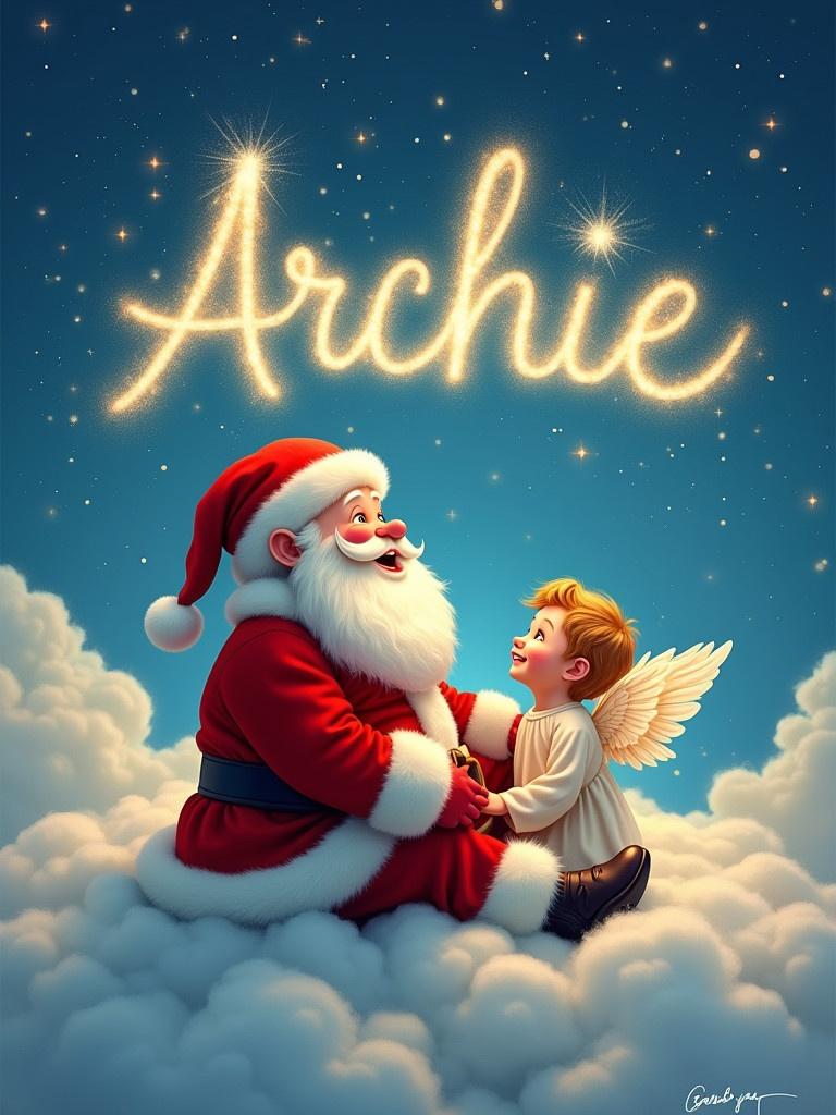 Santa Claus sits on a fluffy cloud with a boy angel. He joyfully writes 'Archie' in sparkling light across the sky. The angel gazes up at him delightfully. The background shows a deep blue sky and soft clouds. The image radiates a festive and magical atmosphere.