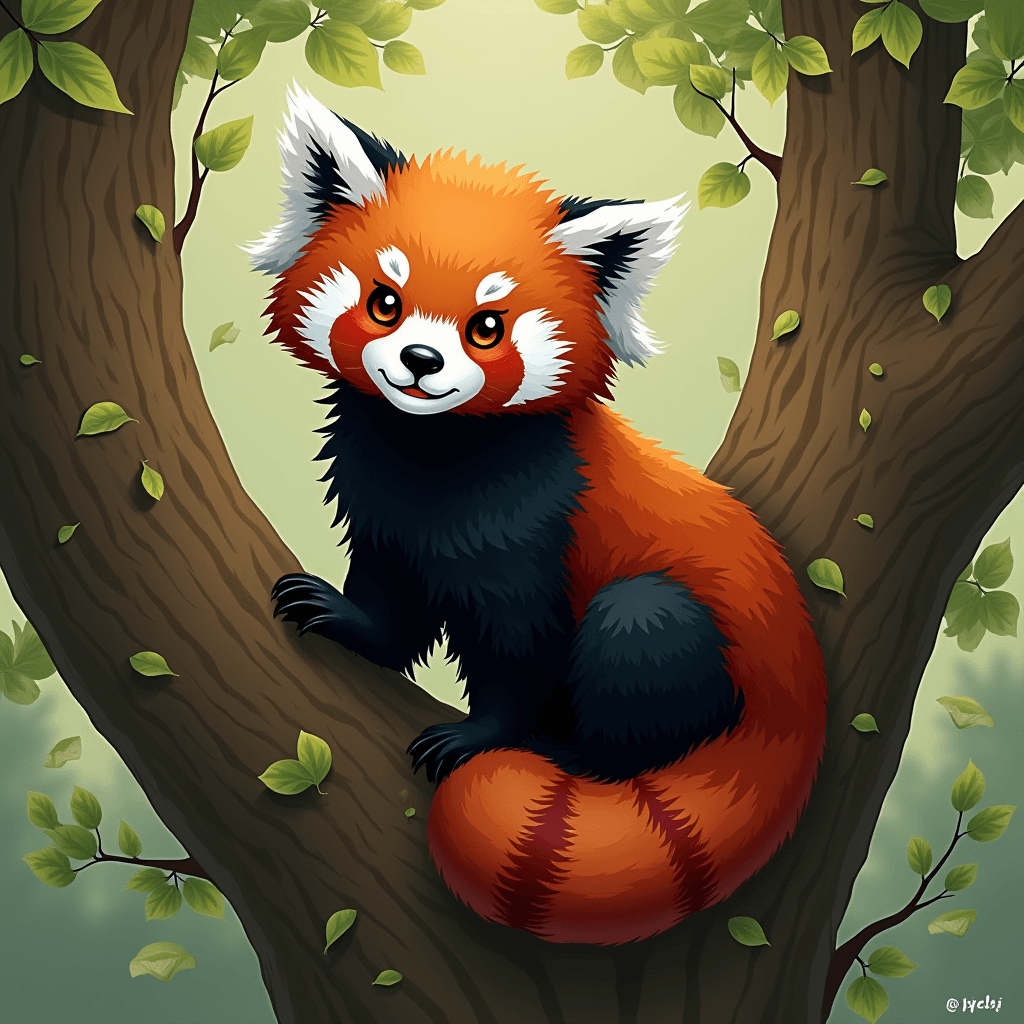 A cute cartoon red panda perched on a tree branch surrounded by vibrant green leaves.