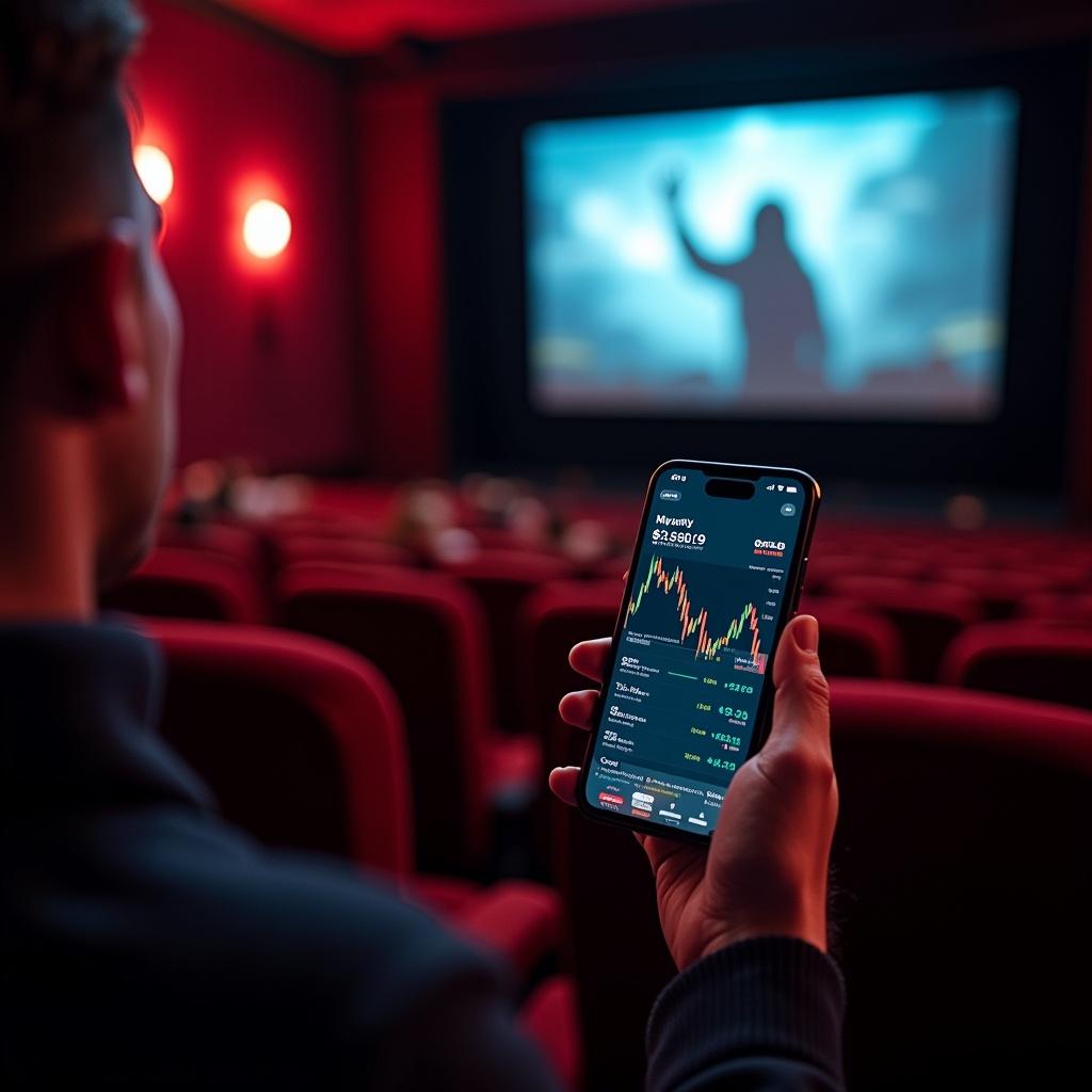 A person sits in a theater holding a smartphone that displays stock market data. In the background, a film plays on the screen, casting a shadow of a figure. The setting is dimly lit, with red accents throughout the auditorium. The focus is on the phone, showcasing financial information while the movie unfolds. This creates a contrast between entertainment and serious financial engagement.