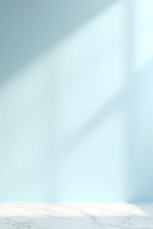 The image displays a minimalist background with no objects. Delicate light blue gradient wall enhances the scene. Soft morning sunlight creates gentle light and shadow play. Subtle water caustics reflect on smooth white marble floor. Overall atmosphere conveys freshness and clarity with spa-like calm. Light gray and soft pink accents add warmth to the environment.