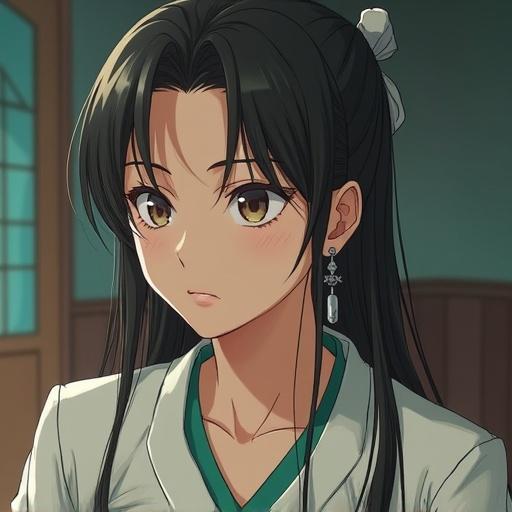 A Japanese woman depicted in an anime style. Sitting in a relaxed pose while conveying emotions. Background hints at a serene atmosphere.