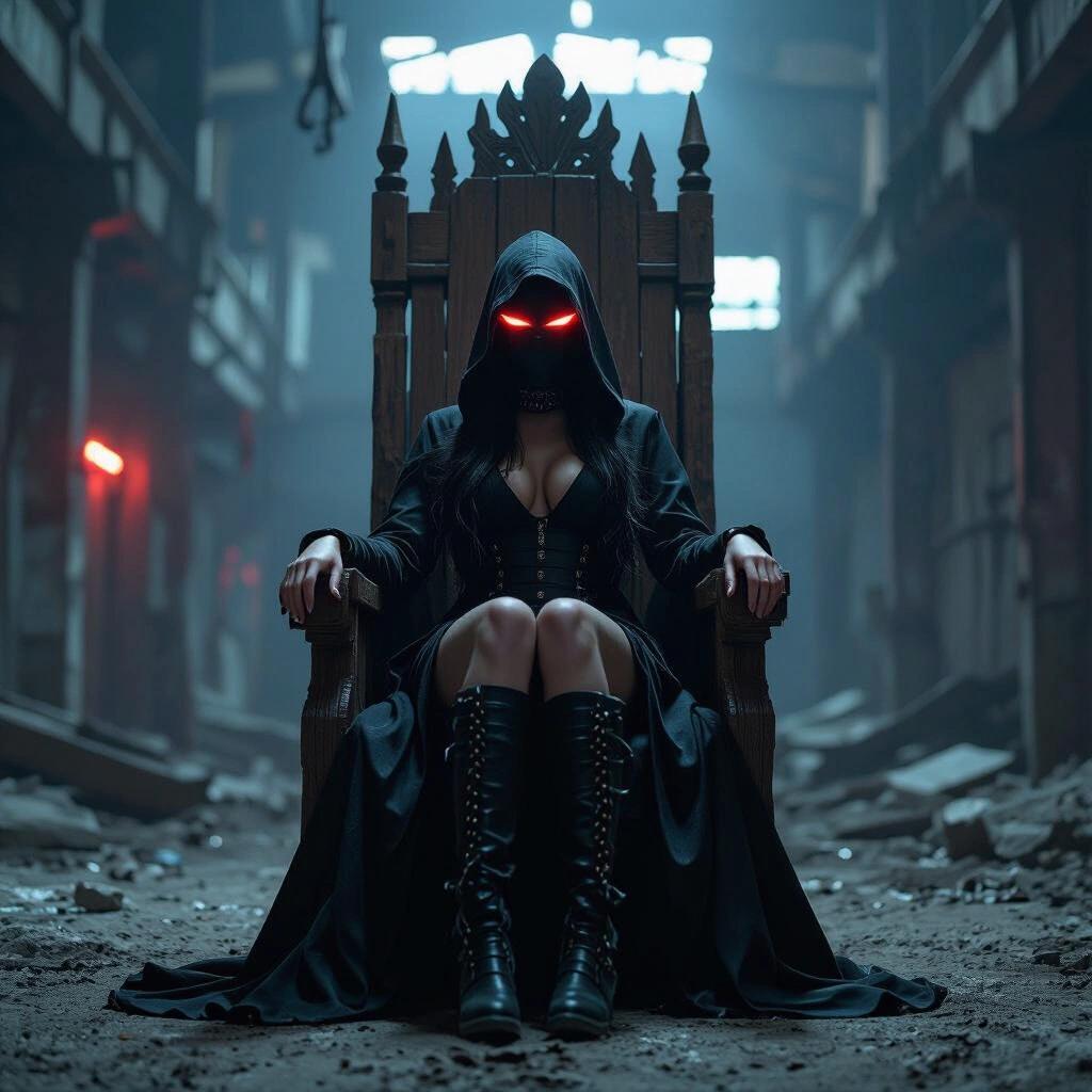 Ominous portrait taken at night in a crumbling tech warehouse. A high-tech masked character sits confidently on an impressive wooden throne. The environment presents a dark vibe with hints of neon lighting.