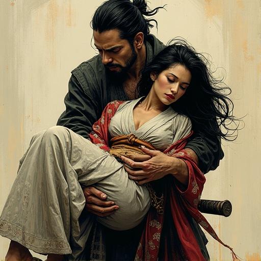 A ronin carries a sleeping woman dressed in a delicate kimono. The artwork is inspired by graphic novels with an edgy style. The man displays strong, protective traits while the woman exhibits a serene, dreamy expression.
