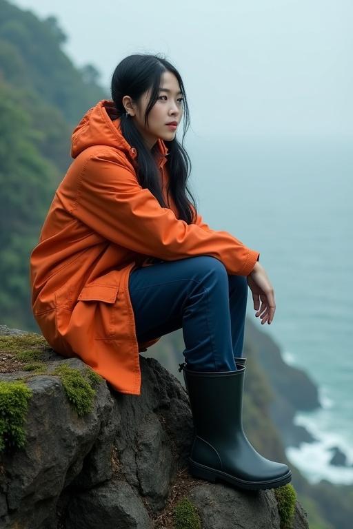 Young woman with long black pigtails sits on cliff edge. Wears bright orange coat and navy jumpsuit. Black latex wellies. Looks out to sea in a coastal forest.