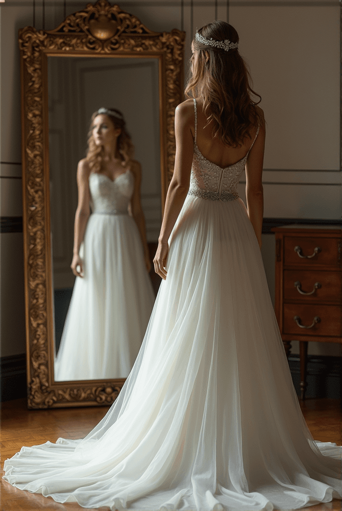 A bride in an elegant white gown stands facing a large ornate mirror, with her reflection looking back at her.