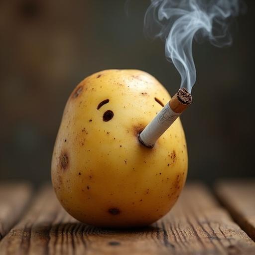 A potato with a cigarette in its mouth with smoke coming out.