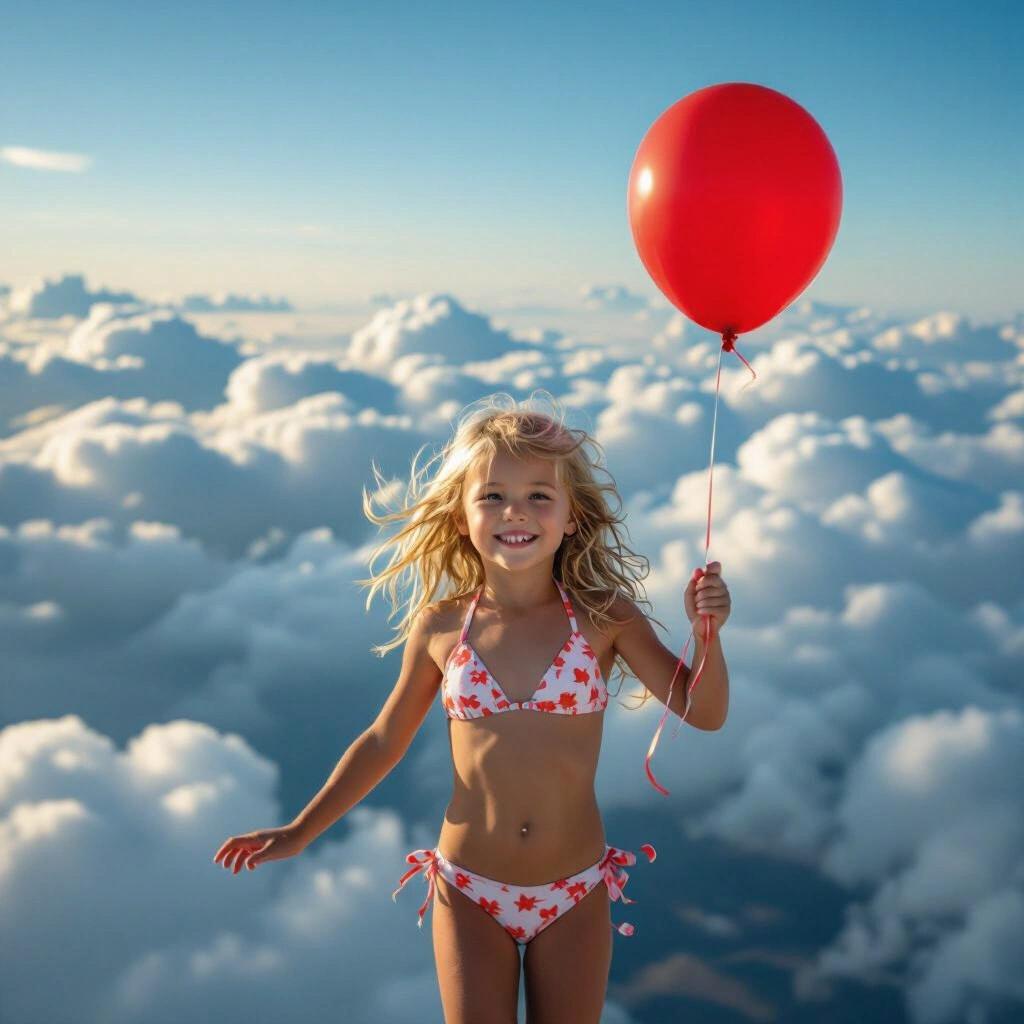 Young blonde girl soaring through fluffy clouds. She holds a bright red balloon. The scene is joyful and full of life. Sky appears bright blue. The clouds are soft and billowy. The bikini features a floral design. The girl's hair flows freely in the wind.