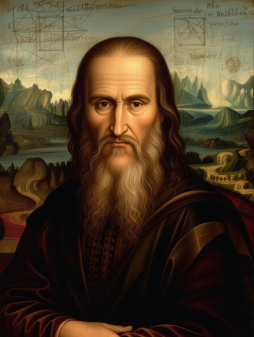 Hyper-realistic portrait of Leonardo da Vinci. An elderly man with long white beard and wise expression. Fine features and penetrating eyes. Wearing elegant Renaissance clothing, such as a dark cloak and simple hat. The background is a study of Renaissance art, with sketches of inventions and unfinished paintings, like the Mona Lisa. Soft and dramatic lighting, classic oil painting style with rich textures and realistic details. Atmosphere of mystery and genius inspired by historical self-portraits.