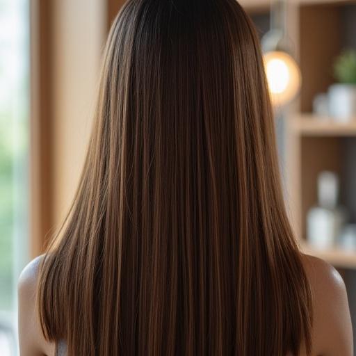 Japanese beautiful straight hair that shines brightly, view from the back of the head