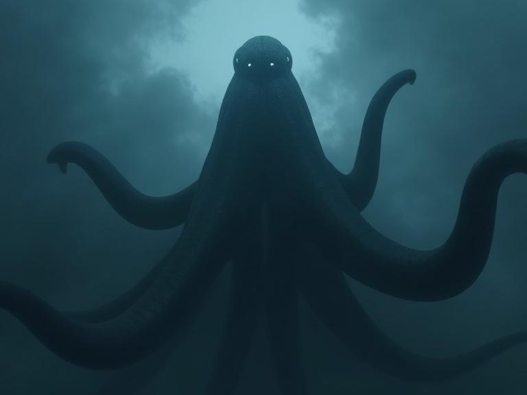 Dark cinematic view looking up at huge black sleek tentacle creature with oval head 6 small glowing eyes emerging from foggy clouds. Realistic details and specular lighting effects.