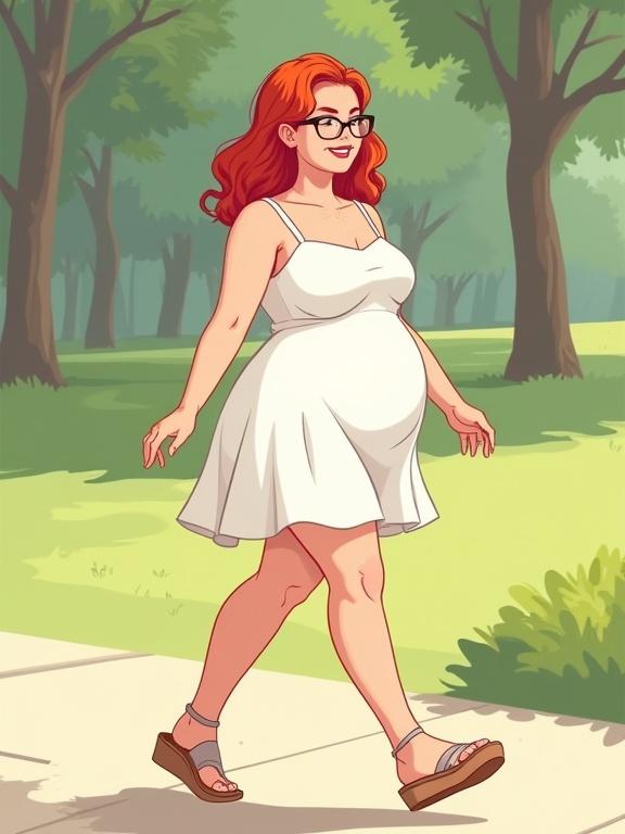 Vector art featuring a full body illustration of a young pregnant woman. She is wearing a white summer mini dress and walking outdoors in a park. Emphasizes her red wavy hair, glasses, and freckled pale skin. The setting is sunny with green trees in the background.