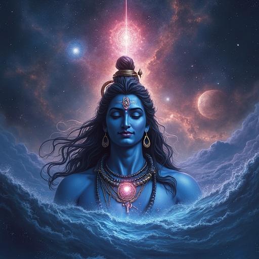 Cosmic-style Lord Shiva symbol pulses with light. Sound waves ripple across galaxies. Glowing Sanskrit symbols float in the sky.