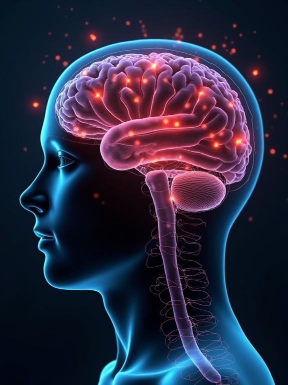 Generate minimalist image of ribosomes translating mRNA surrounding human brain Bright red areas illuminate activity in cerebrum
