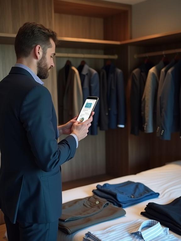 A man stands near a wardrobe. He holds a smartphone displaying an outfit suggestion app. Clothing items are laid out on the bed. He considers options for a business event.