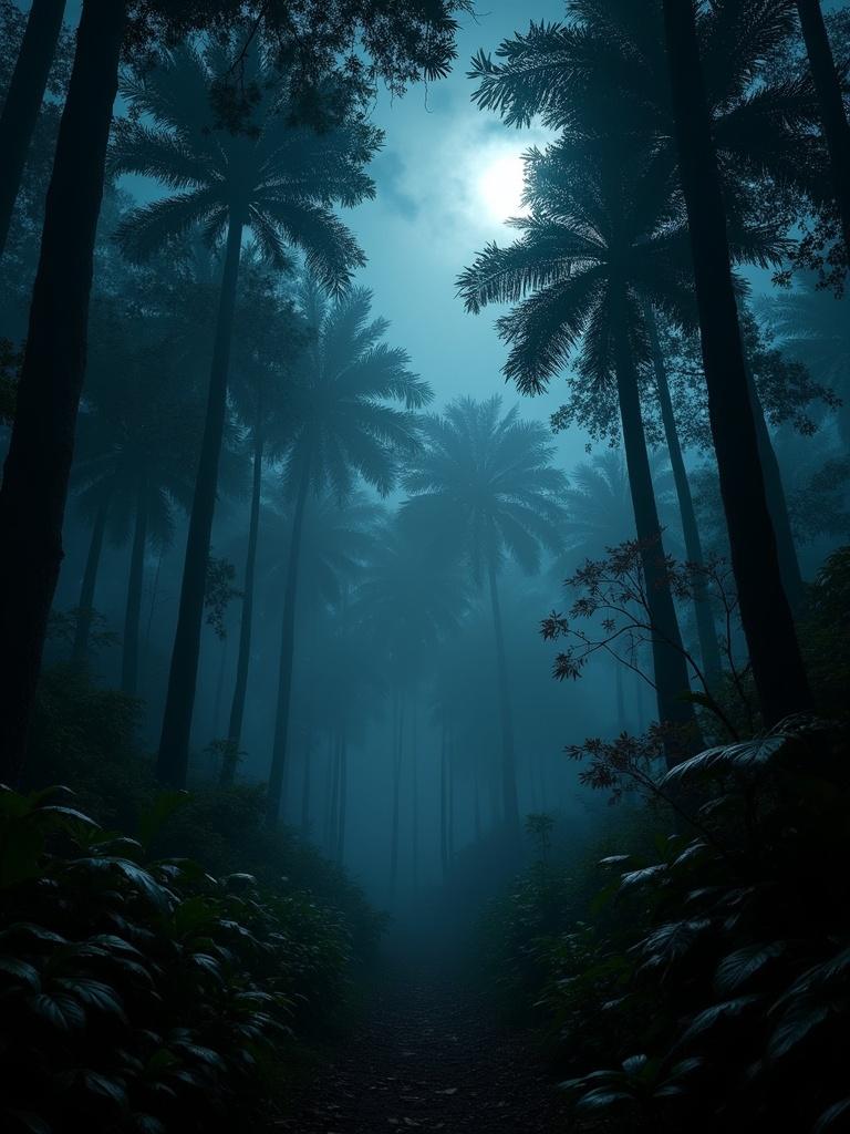 Dense jungle at midnight covered in fog. Tall trees and thick foliage. Moonlight breaks through canopy casting shadows. Atmosphere is ominous with distant howling. Jungle alive with nocturnal wildlife. Scene is mysterious.