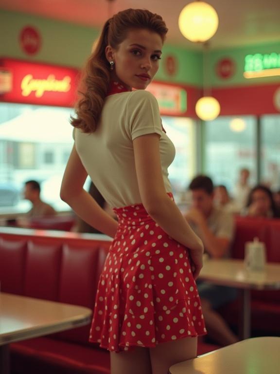 Image of a pinup model in a vintage diner. Model features a polka dot skirt and stands confidently. Soft ambient light creates a nostalgic atmosphere.