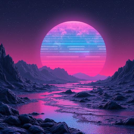 Neon tech album cover art features a large celestial body with retro aesthetics. The scene includes mountains and a river illuminated by neon colors.