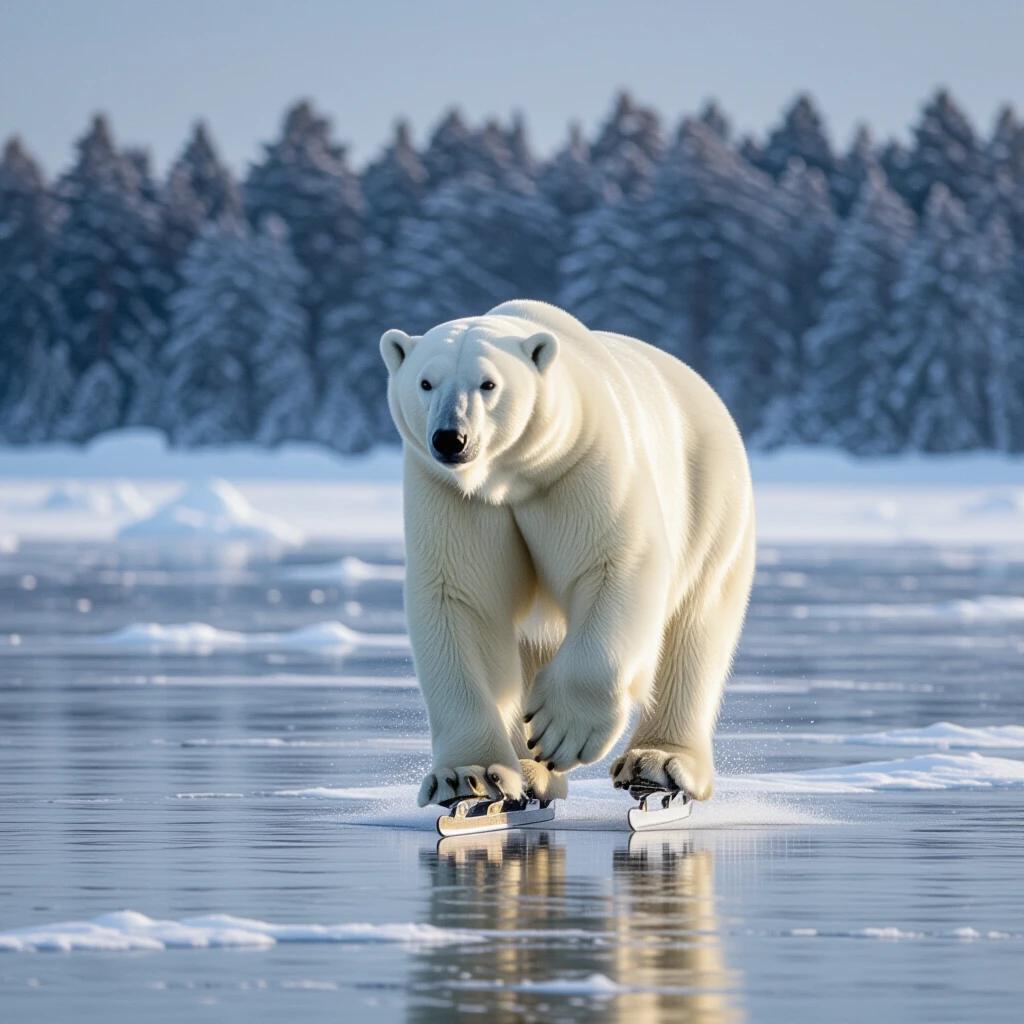 Image of a polar bear skating on a frozen lake during winter in a snowy landscape