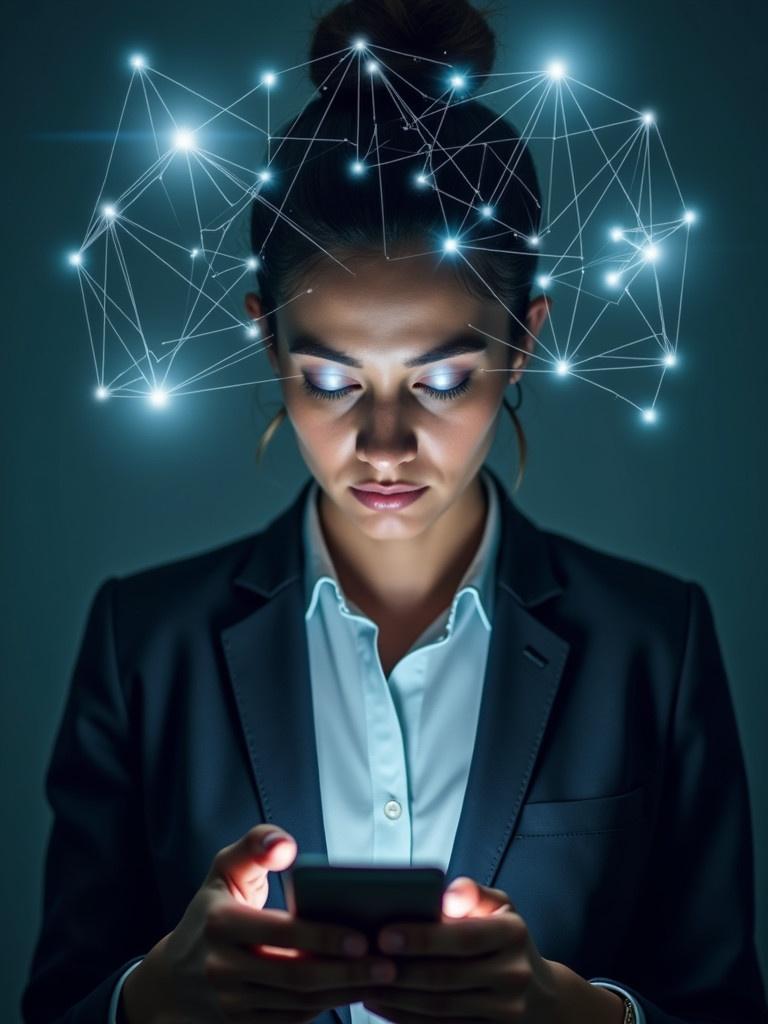 A person in a blazer intensely uses a smartphone. Glowing eyes reflect engagement. Connected nodes emanate from the head, symbolizing digital connectivity.