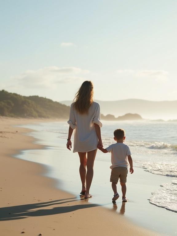 Woman walking on beach holding hands with her son. Warm sunlight shines on them. Soft waves gently lap at the shore. Background shows rolling hills and sea mist.