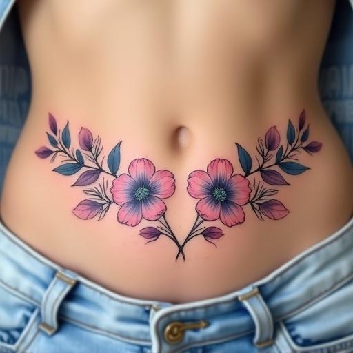 Tattoo on abdomen features two curved lines made of small colorful flowers. Flowers are botanical styled in vibrant pink, blue and white. Leaves in green complement the flowers. Design is elegant and visually appealing.