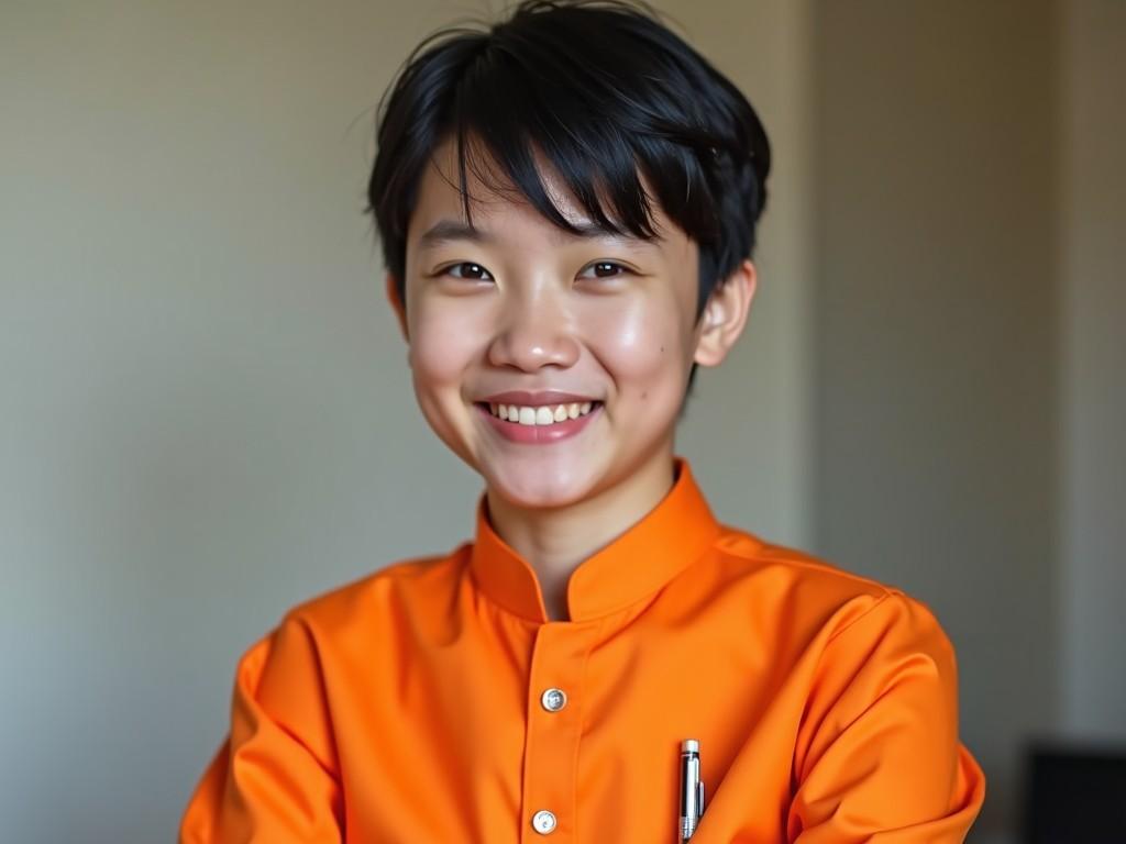 A person is wearing a bright orange traditional-style shirt with a collar and buttons. The person has short black hair and is smiling, facing the camera with a neutral background behind them. The image is a portrait shot taken indoors. The person has a pen clipped to their shirt. The photo is clear and captures the subject in a well-lit setting.