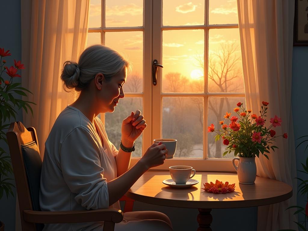 A woman sitting by a window enjoys a cup of tea. A warm sunset illuminates the scene. Flowers decorate the table, with a cozy atmosphere and muted colors.