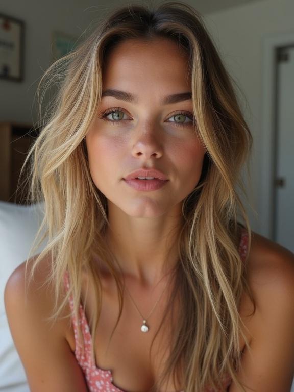 Young woman with long, light brown hair and striking green eyes, posing softly with a natural look. She wears a simple, casual outfit. The background is softly blurred and bright, suggesting an indoor setting with natural light. Her expression is calm and inviting.
