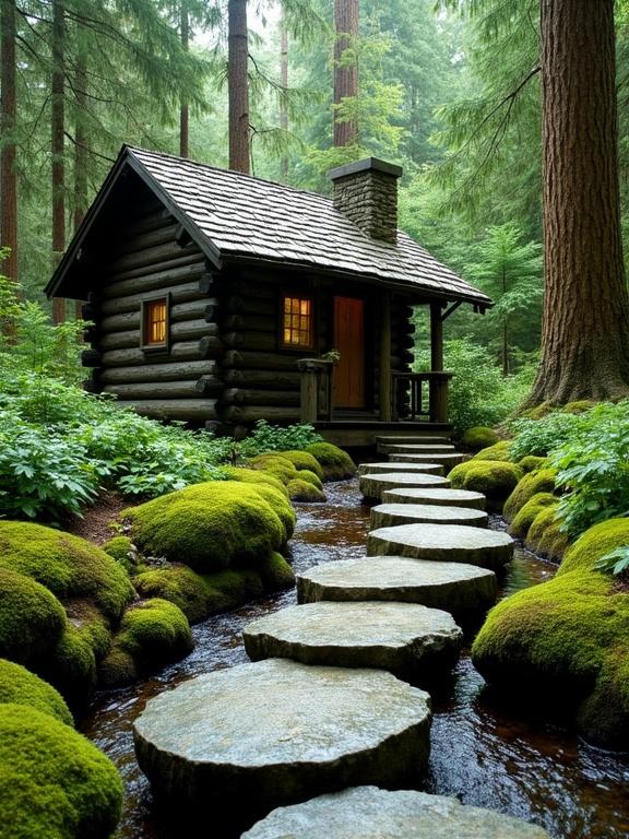 Image shows rustic log cabin in a vibrant green forest. Cabin built with dark wooden logs and a sloped roof. Small porch with railing and windows. Stone chimney visible. Path created using large round stones across a stream. Surroundings filled with dense greenery and tall conifer trees. Clear water flows around stepping stones. Forest floor covered with ferns and moss. Scene has magical quality with sunlight through canopy. Located in Pacific Northwest's old-growth forest.