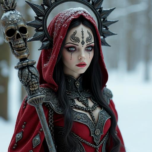 Prominent female figure resembling a witch or chaos priestess Highly stylized with pale face black markings around eyes Ornate red hood and crown structure with skulls Detailed red and black armor with metal plates and chains Holding a skull-topped scepter Set in snowy landscape with falling snow