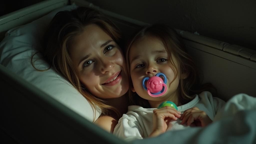 A surreal and emotional scene features a mother and daughter locked in a closed casket. Subtle lighting creates a dramatic atmosphere. Daughter holds an oversized pacifier while mother plays with a colorful rattle. The girl expresses fear of dying. Mother reassures her while explaining circumstances. The scene conveys care, concern, and a deep emotional connection.