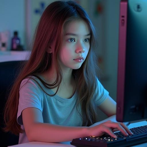 A girl with blue eyes and long brown hair sits at a computer wearing a T-shirt and leggings. She streams online. The scene is lit softly with cool tones from the computer screen.
