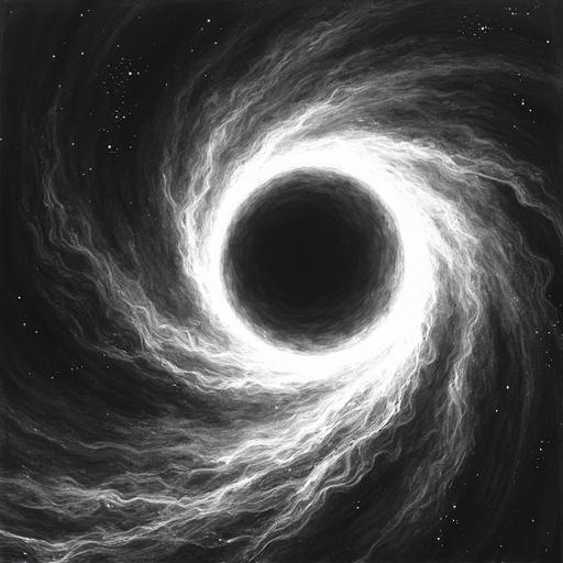 A black and white sketch depicts a glowing spiral light surrounding a black hole in space. The image captures the essence of cosmic phenomena with swirling patterns.