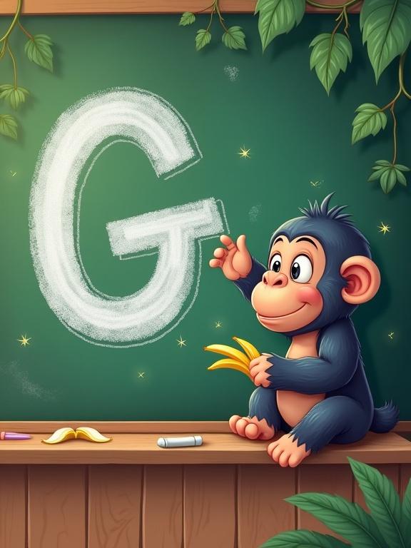 Playful cartoon illustration of a green chalkboard. Cheerful letter G drawn in white chalk. Big, expressive eyes and tiny arms waving. Friendly cartoon gorilla on the ledge scratching its head. Gorilla holding a banana. Chalk dust around the G, banana peels, wooden frame. Style soft pastel colors, warm lighting, hand-drawn textures, jungle classroom background.