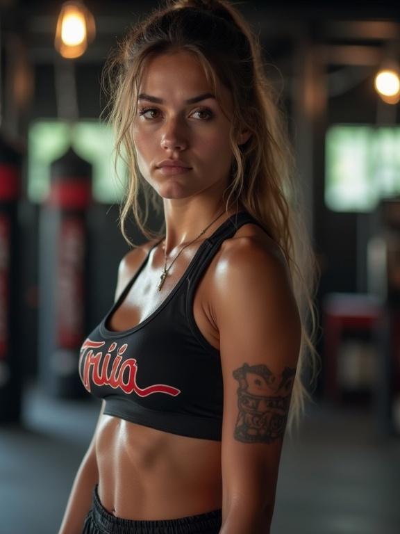 Female Muay Thai fighter stands poised for competition. Captivating expression shows focus and engagement. Gym setting highlights athleticism and readiness.